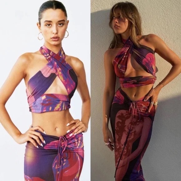 With Jean Naomi Purple Festival Rave Convertible Halter Wrap Midi Skirt Set XS - Picture 2 of 16